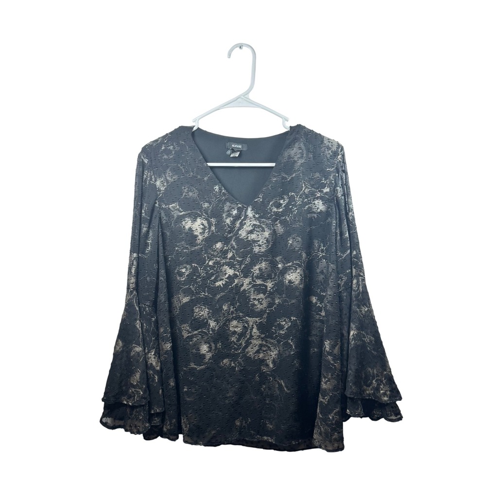 Alfani Womens Black Silver Metallic Floral Tiered Bell Sleeve V-Neck Blouse M